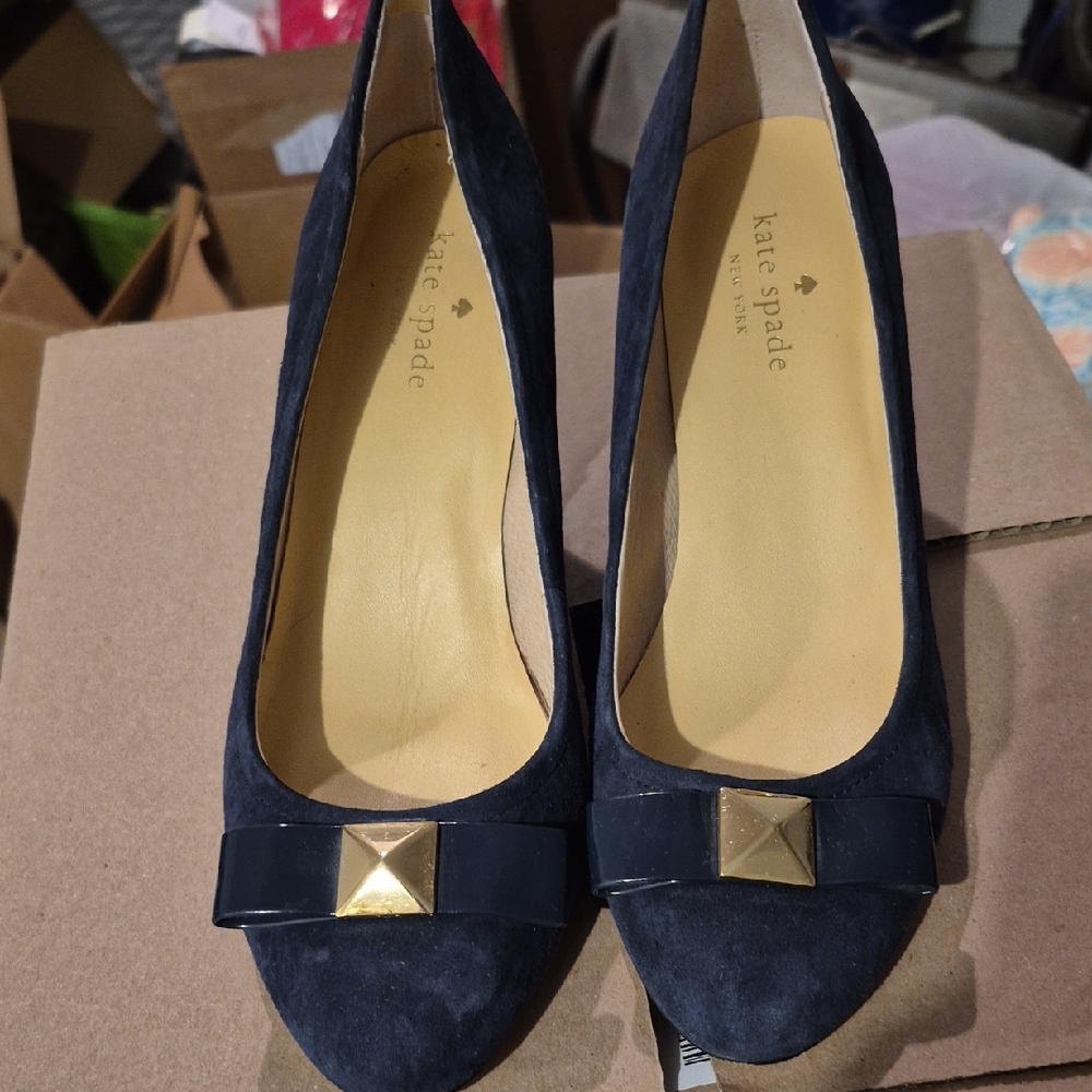 Kate Spade Navy Suede Heels with Gold Detail